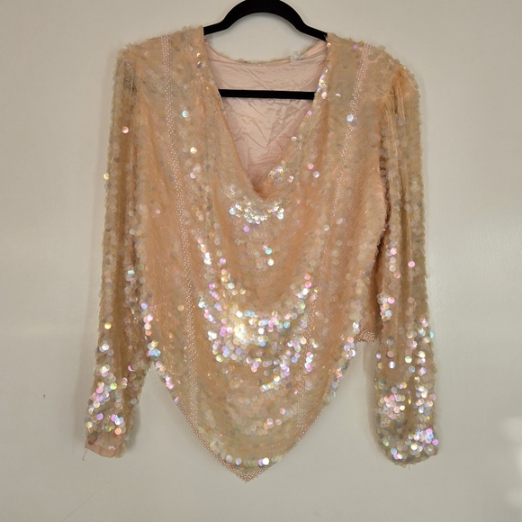 VTG Large Pink Ivory Full Sequin Glam Silk Evening Blouse 80s Beaded Iridescent‎ - Picture 10 of 16
